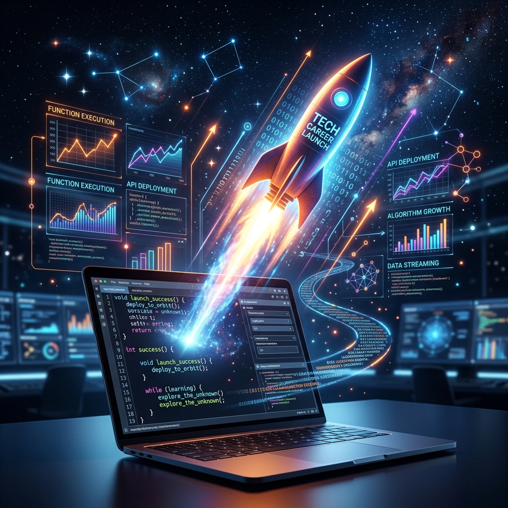 Launch Your Software Engineering Journey — rocket launching from a laptop with glowing code